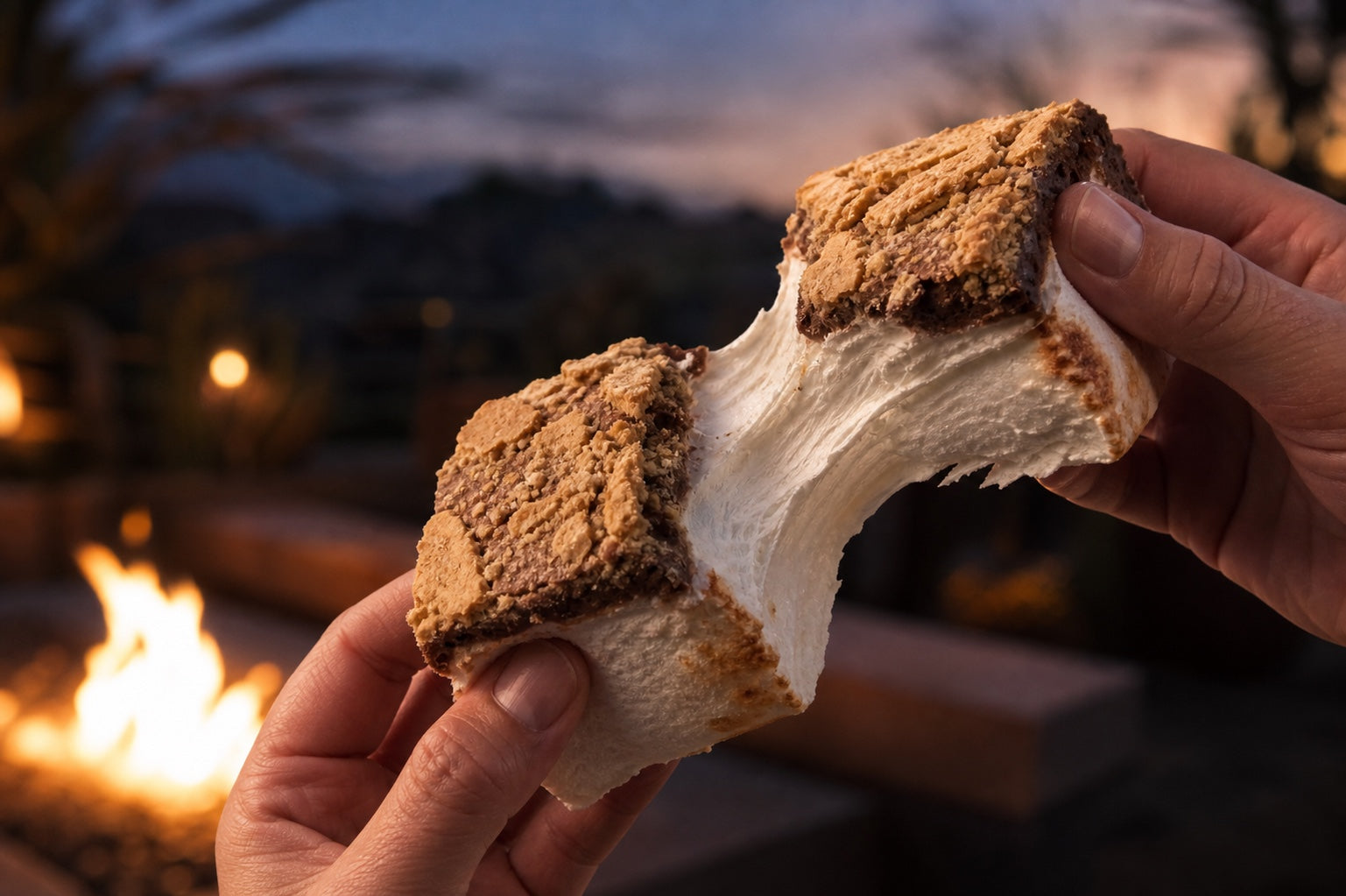 A lightly toasted S'mores marshmallow pulled open to show its soft center