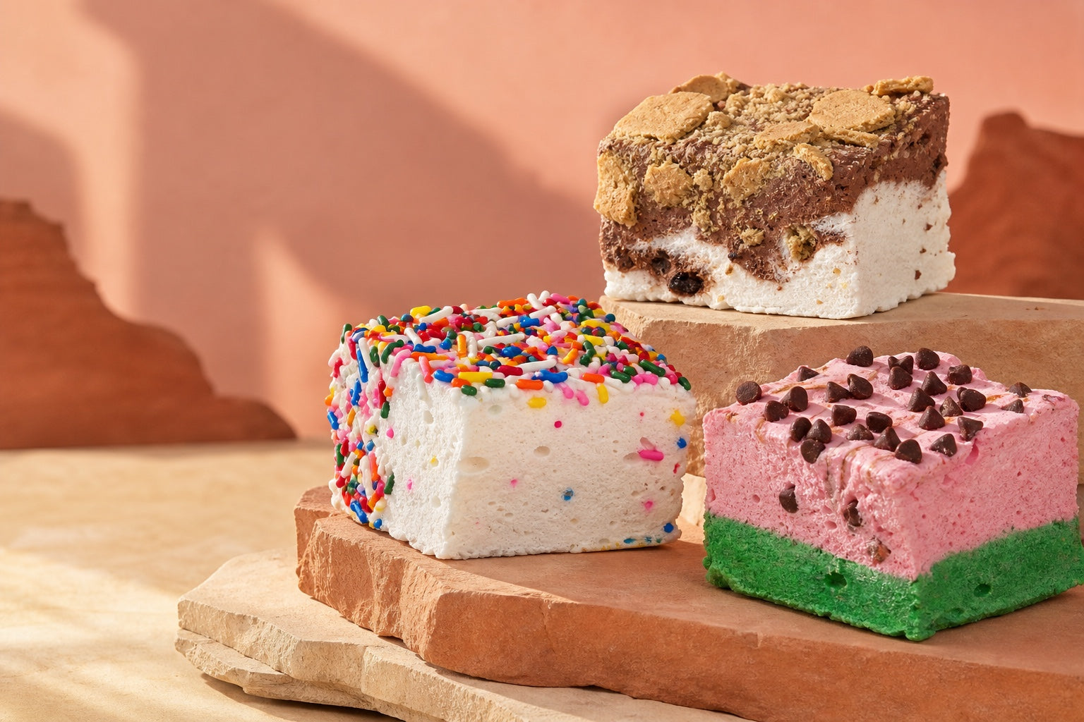 Birthday Cake, S'mores, and Watermelon gourmet marshmallows in a canyon-inspired studio